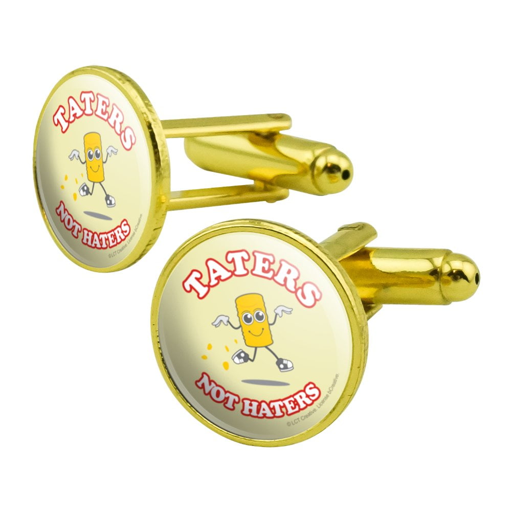 Taters Not Haters Tots Funny Humor Round Cufflink Set Gold Color