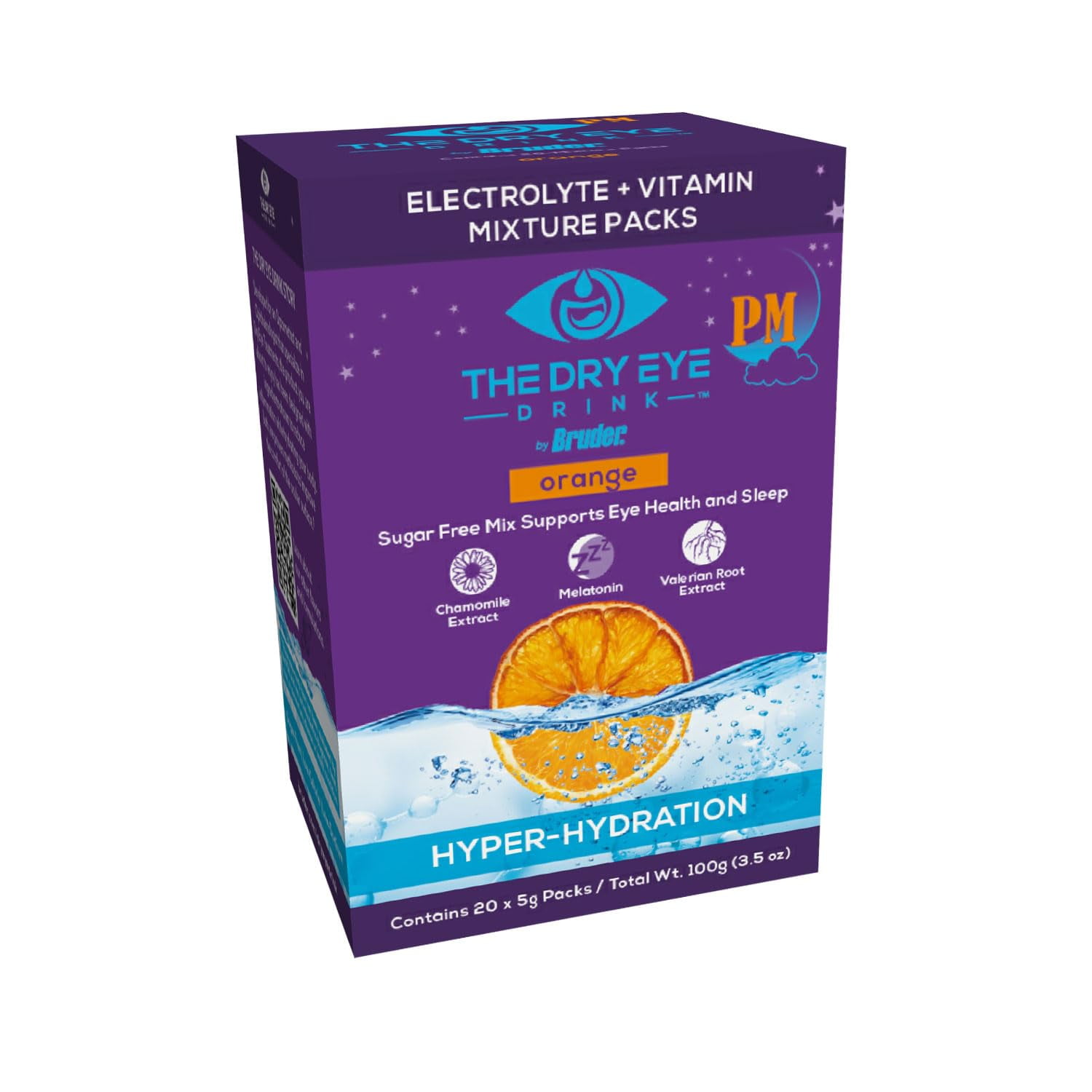 The Dry Eye Drink l Ultimate Hydration for Dry Eyes l Sugar-Free Electrolyte Powder Packets l Blended with Vitamins, Green Tea, Turmeric, Taurine, and DHA l 5g x 20 Packets (Orange PM)