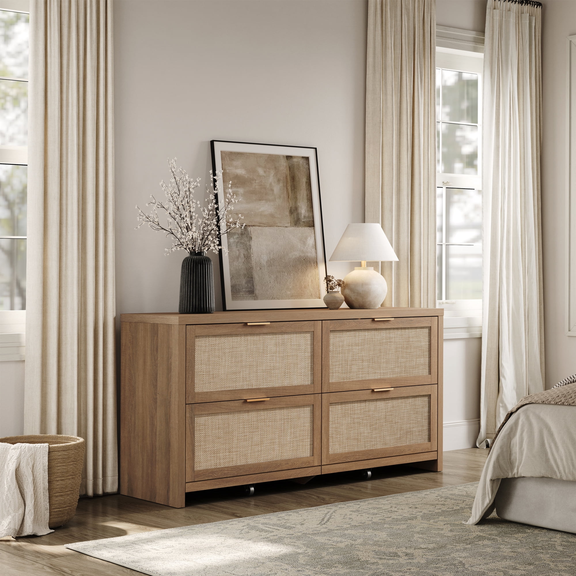 SICOTAS 60.83" Wide Large 4 Drawer Dresser for Bedroom, Oversized Rattan Dressers with Gold Handles & Rolling Wheels, Boho Dresser TV Stand up to 70" TV for Living Room, Oak