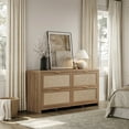 thumbnail image 3 of SICOTAS 60.83" Wide Large 4 Drawer Dresser for Bedroom, Oversized Rattan Dressers with Gold Handles & Rolling Wheels, Boho Dresser TV Stand up to 70" TV for Living Room, Oak, 3 of 9