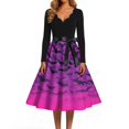 thumbnail image 4 of Halloween Dresses for Women Candy Castle Long Sleeve Hepburn Cocktail Fall Dress V Neck 1950s Funny Cute Tea Length Dress with Belt L, 4 of 5