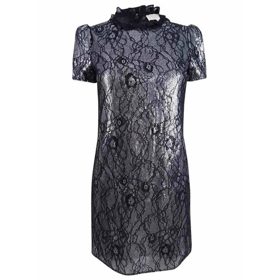 MICHAEL KORS Womens Silver Printed Metallic Short Sleeve Turtle Neck Below The Knee Shift Cocktail Dress  Size: S