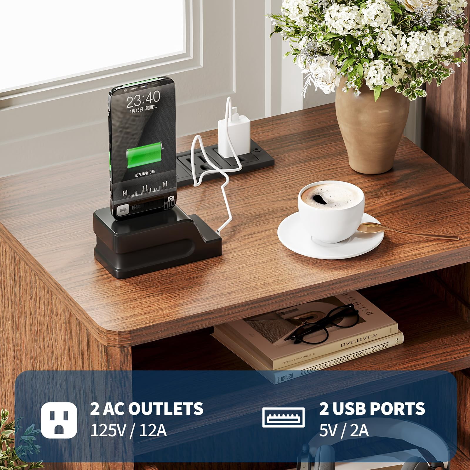 KOKEBREN Modern Nightstand with USB Charging Station - Wood Fluted Bedside Table with 2 Drawers & Open Shelf,Walnut Wood Color