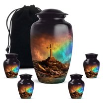 Yatskia Cross with Rainbow Little Cremation Keepsake Urn for Ashes Adult Brother and Sister, Large Funeral Burial Urns for Human Ashes Adult, (Classic 10 Inch and 3 Inch)