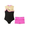 thumbnail image 4 of Yeahdor Kids Girls Gymnastics Dance Outfit Metallic Striped Leotard Sheer Mesh Patchwork Bodysuit with Metallic Shorts Hot Pink 14, 4 of 7