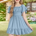 thumbnail image 2 of Xyxonk Girls Summer Short Sleeve Dress Tie Back Dress Elegant Ruffle Sleeve Sundress Square Neck Off Shoulder Solid Color Clothes size 12-14 Light Blue, 2 of 5