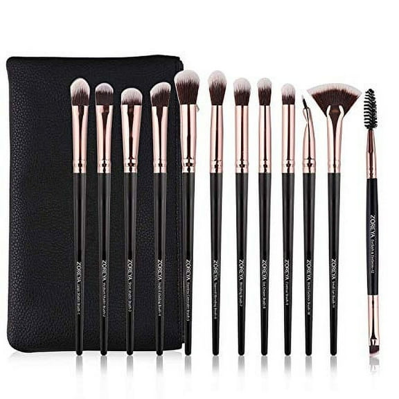Zoreya Eye Makeup Brushes, 12 Pcs Professional Eye Brush Set Eyeshadow, Eyebrow, Blending, Fan, Eyelash Brushes Set With Carrying Bag (Black)