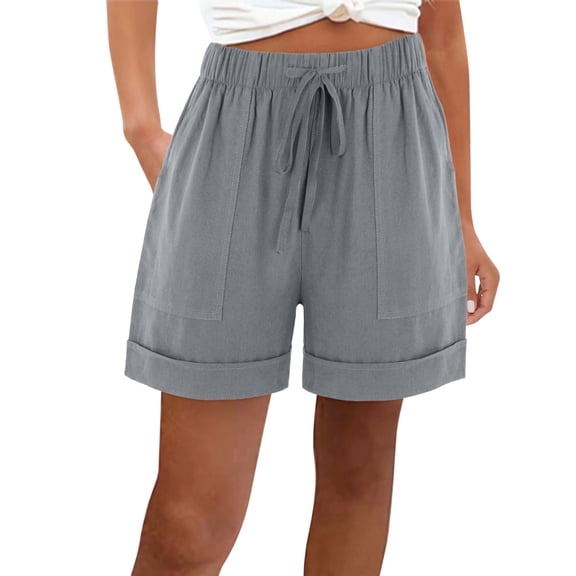 HADST Women's Linen Blend Drawstring Shorts, Casual Elastic Waist Summer Shorts with Rolled Cuffs and Patch Pockets