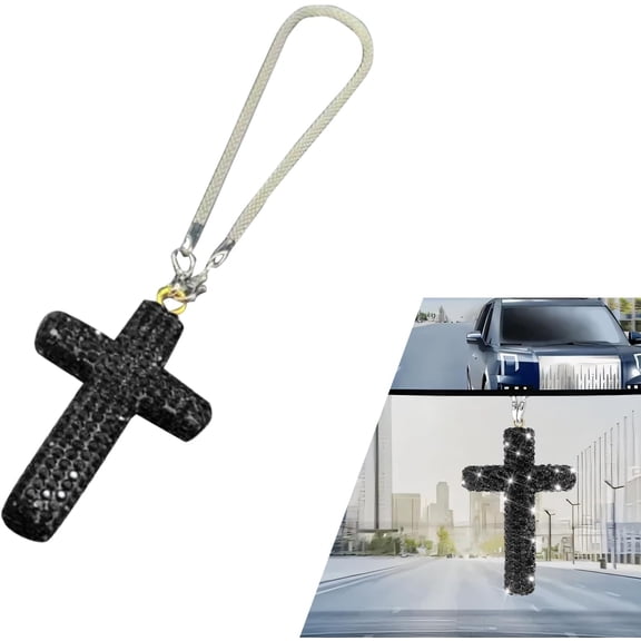 Bling Cross Car Hanging Accessories, Crystal Rhinestone Rear View Mirror Pendant, Religious Rearview Mirrors Decoration Charm, Car Hanging Ornament, Automotive Interior Accessories (Pink)