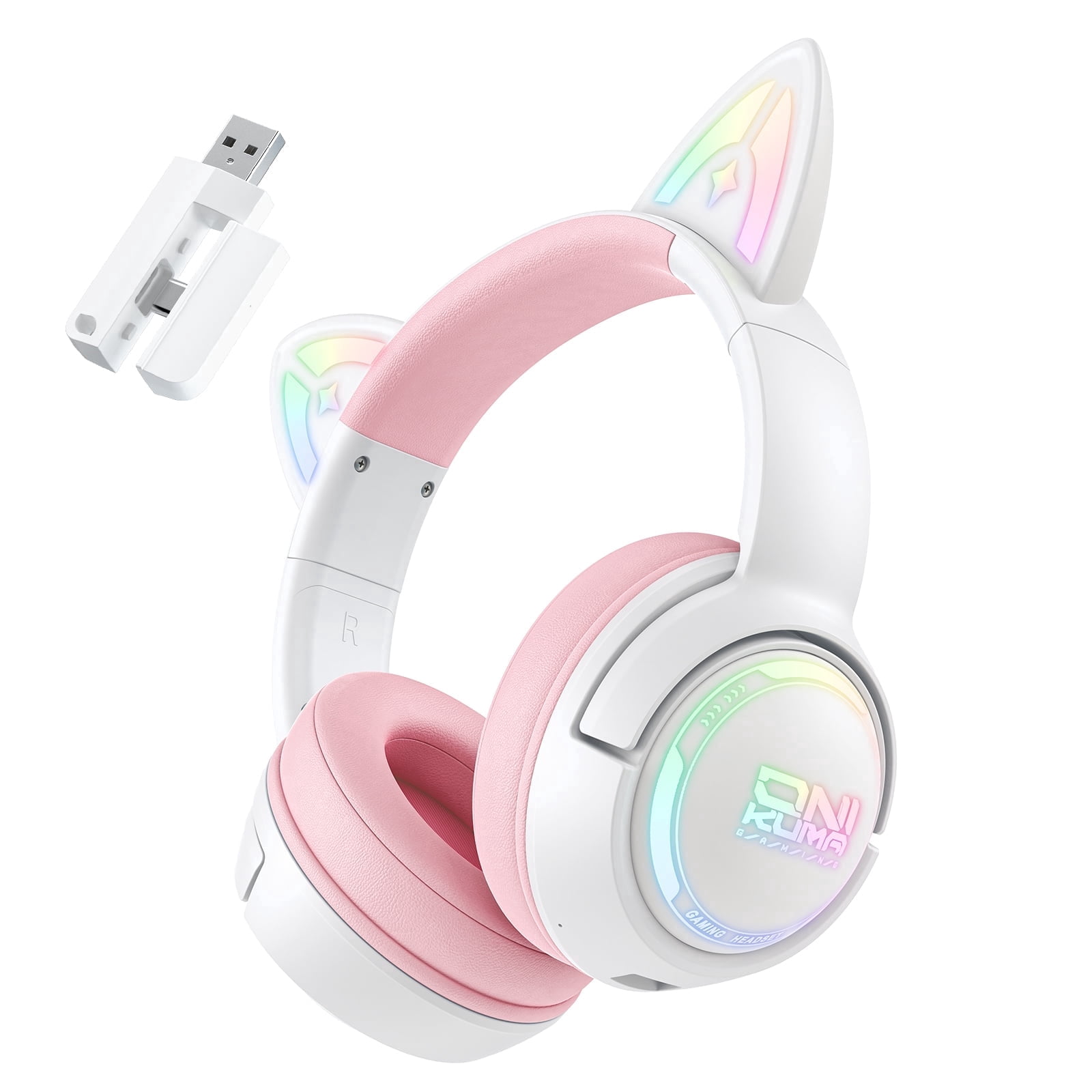 Siivton Cat Ear Wireless Bluetooth Gaming Headset with 2.4G Dongle, 50mm Drivers, 60H Playtime, Built-in Mic, RGB Lights – for PC, PS5, PS4, Switch, Mobile,Pink