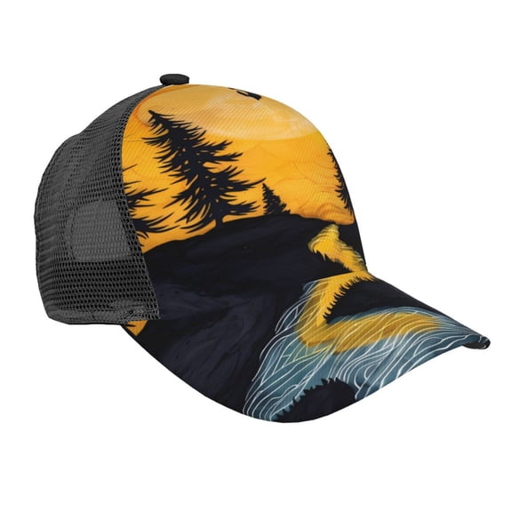 Zufioo Sunset River Pine Trees Print Mesh Baseball Cap, Adjustable Sport Travel Hat Accessory for Men and Women