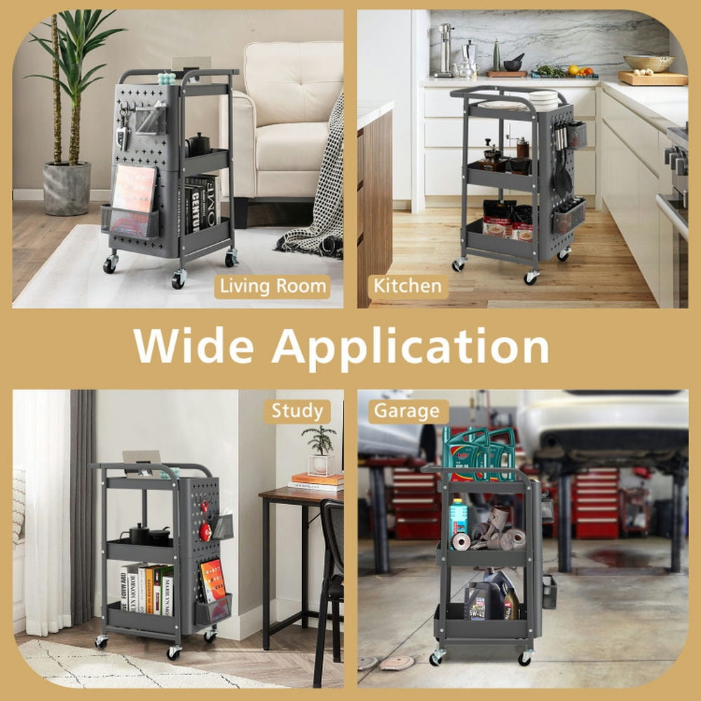 Finihen Rolling Cart, Kitchen Island Cart, 3-Tier Utility Storage Cart with DIY Pegboard Baskets, for Kitchen, Dining Room, Gray Finihen Rolling Cart, Kitchen Island Cart, 3-Tier Utility Storage Cart with DIY Pegboard Baskets, for Kitchen, Dining Room, Gray