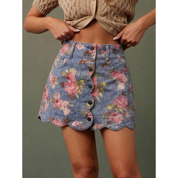 Womens Blue Floral Print High-Waist Scalloped Button-Front A-Line Denim