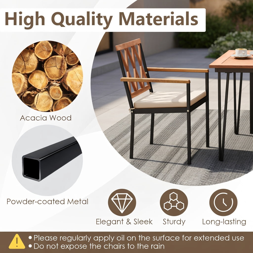 Hommoo 2-Pack Modern Outdoor Dining Chairs with Removable Cushions, Metal Frame & Acacia Wood Backrest – 18" Seat Width, Black & Natural