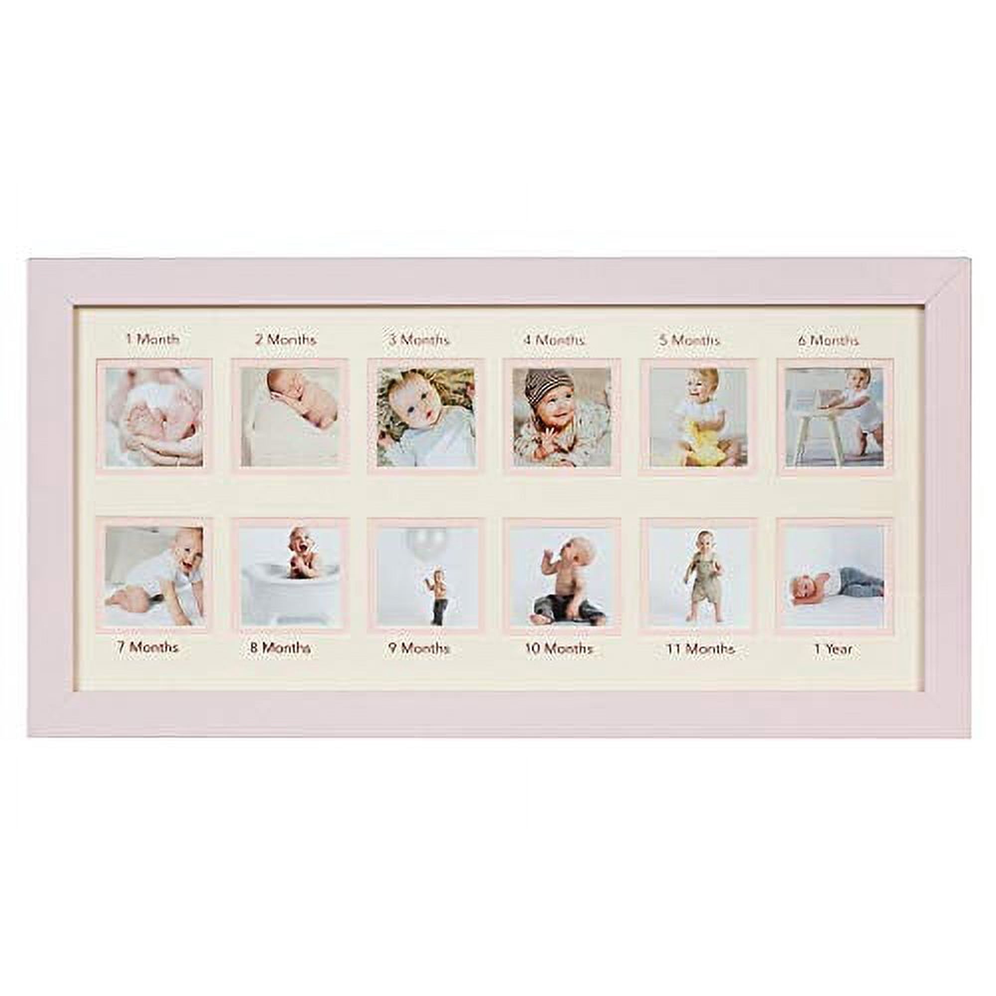 First Year Newborn Baby Collage Keepsake Picture Frame for Photo Memories with Double Beige Mat and Twelve 2.5x2.5 Slots - Pink