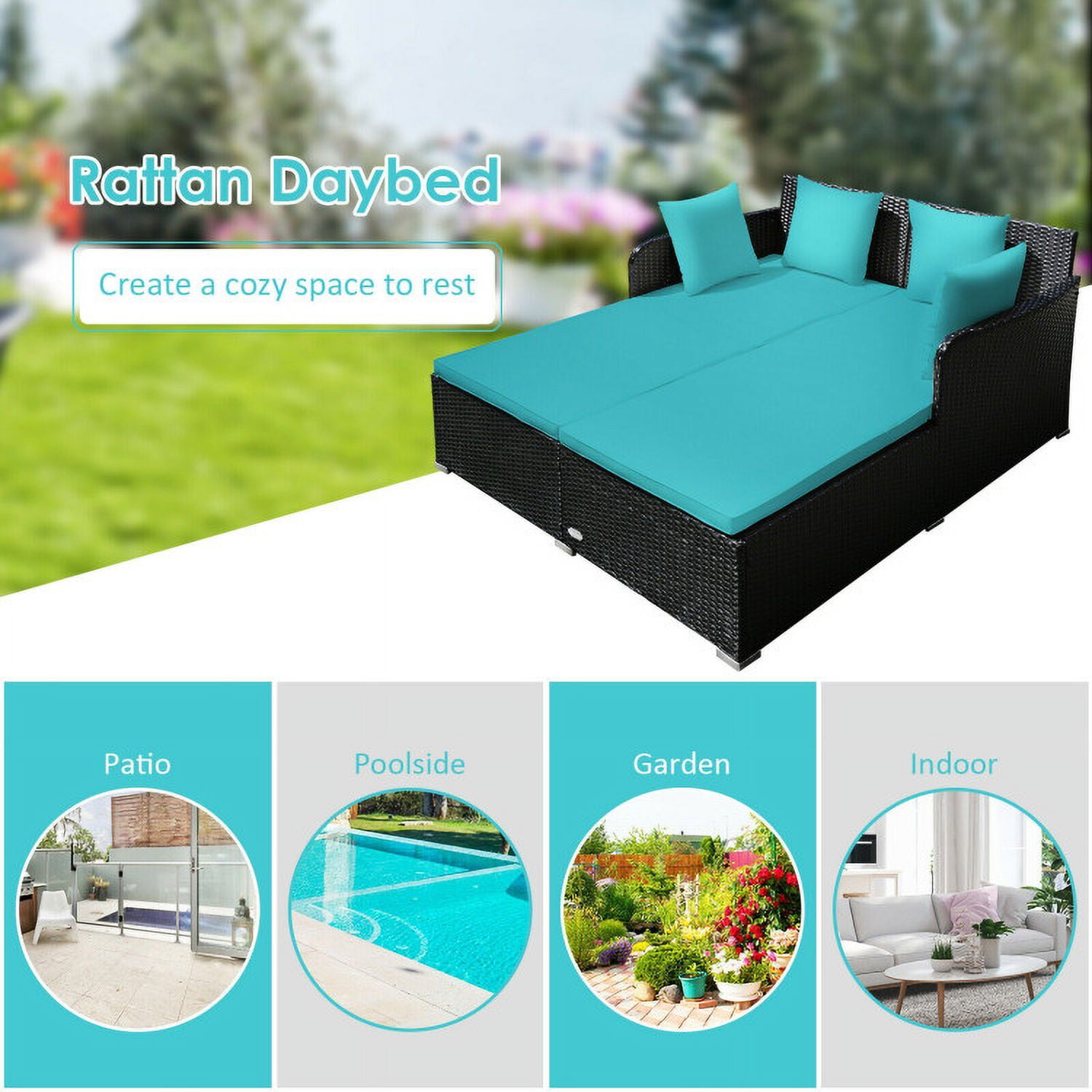 Aimee Lii Spacious Outdoor Rattan Daybed with Upholstered Cushions and Pillows, Outdoor Deck Furniture, Turquoise Aimee Lii Spacious Outdoor Rattan Daybed with Upholstered Cushions and Pillows, Outdoor Deck Furniture, Turquoise