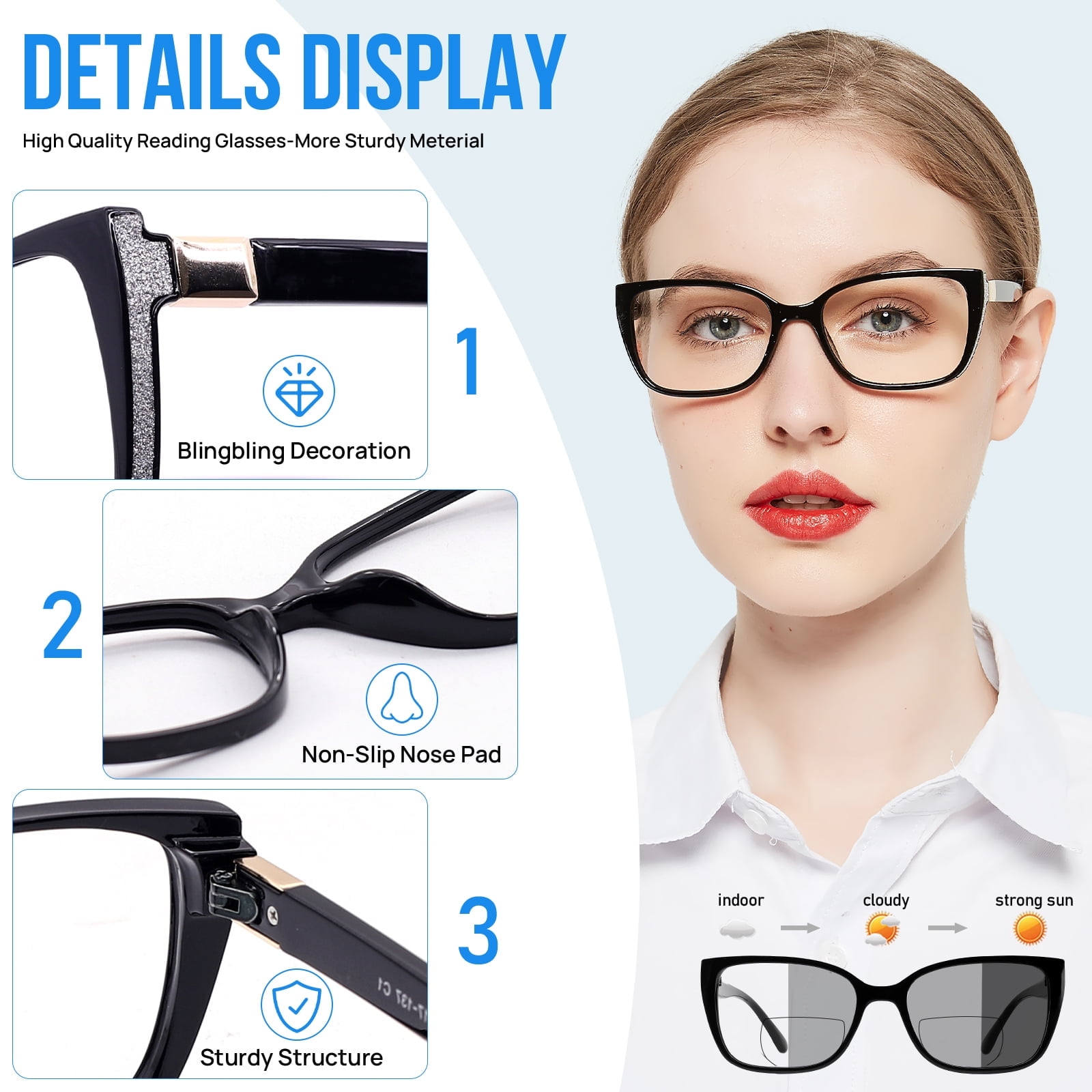 OCCI CHIARI Photochromic Bifocal Reading Glasses for Womens,Large Square Blue Light Blocking & UV400 Protection Sunglasses Readers 1.0 1.5 2.0 2.5 3.0 3.5 4.0(Black +200)