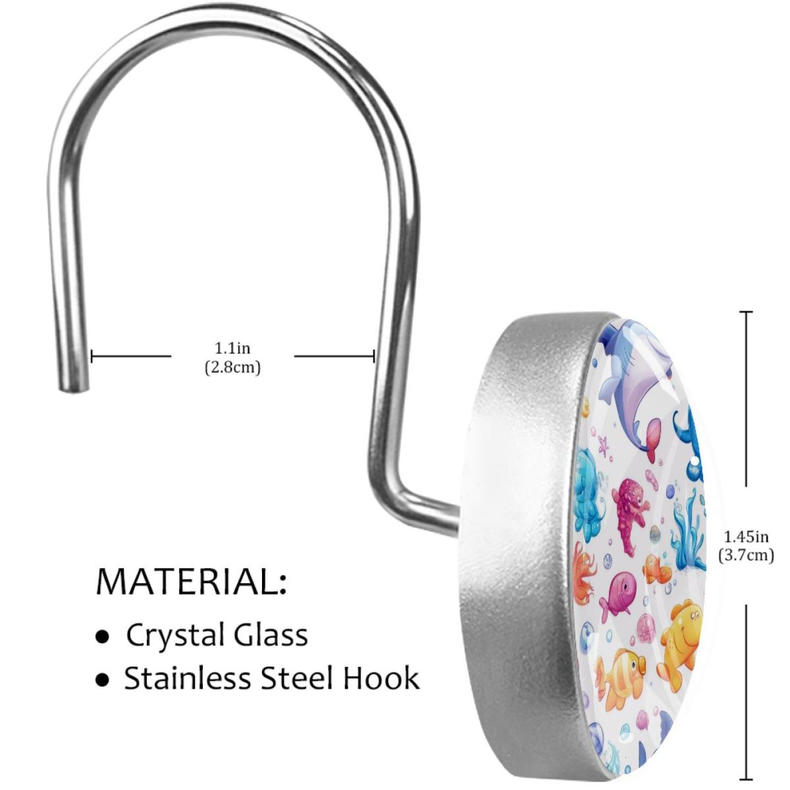 Cartoon Sharks Fishes Shower Curtain Hooks Round Crystal Glass, Set of 12 Shower Curtain Rings - Shower Hooks for Curtain Shower Rings