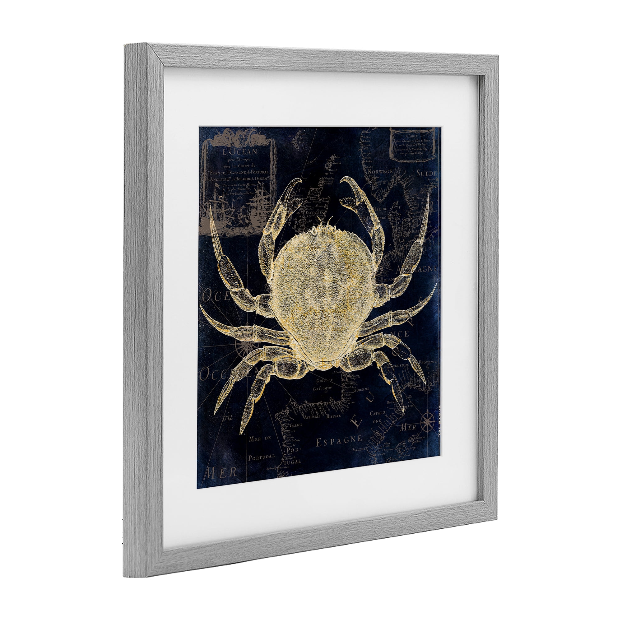 Crab Contour over Map Gray Framed Print Under Glass, design by Sasha
