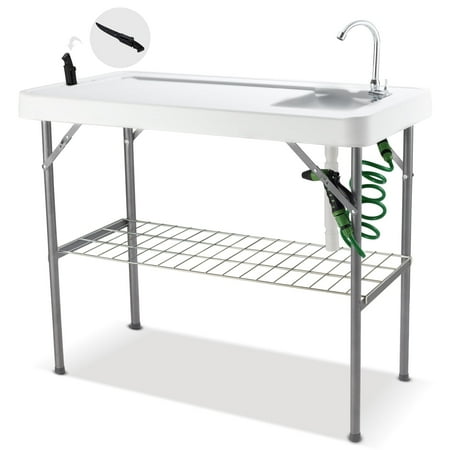 AAvocahom Folding Fish Cleaning Table Portable Sink with Faucet Drainage Hose Sprayer Three Way Hose Connector Outdoor Fillet Station with Knife Groove for Fishing Camping Hunting Cutting Gray