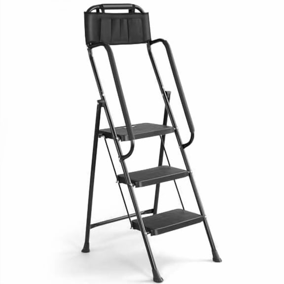 GJWL Heavy-Duty 3 Step Stool Ladder with Handrails 330 lbs Weight Capacity Folding Attachable Tool Holder Stable Anti-Slip Step Ladder for Indoor Outdoor Use, Black