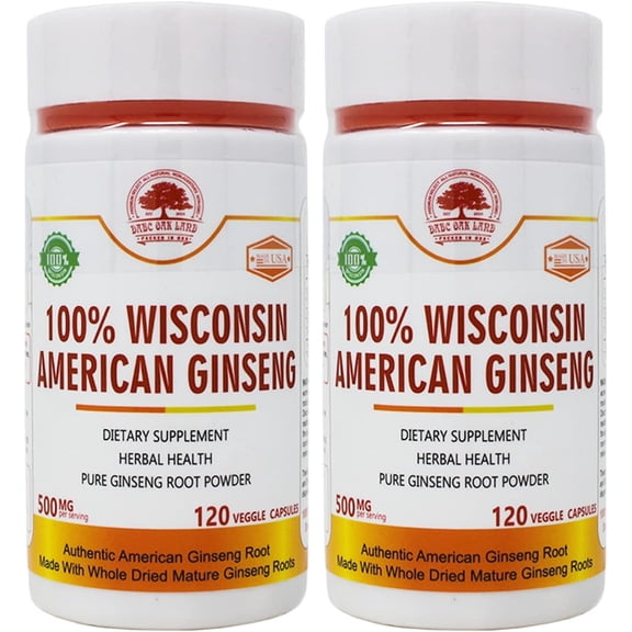 DABC OAK LAND 100% Authentic American Ginseng Capsules -500 mg 120 Vegan Capsule, Potent Ground Ginseng Root - No Fillers, Binders or Other Additives Two Bottles