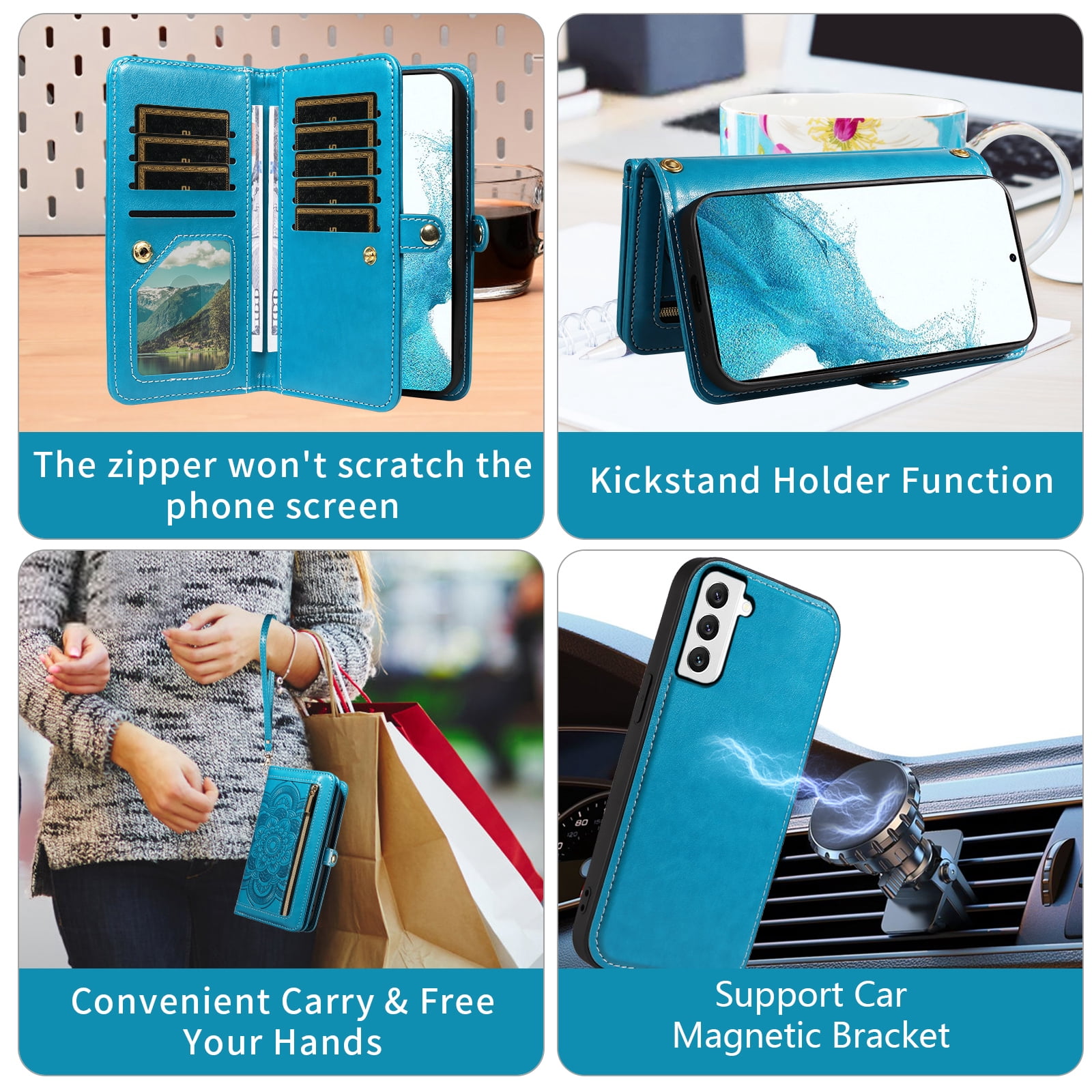 Asuwish Phone Case for Samsung Galaxy S22 5G Zipper Wallet Detachable Cell Cover with Tempered Glass Screen Protector Crossbody Strap Flower Flip Card Holder S 22 22S 4G G5 6.1 inch Women Girls Blue