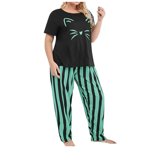 XIYON Women's Pajama Set Plus Size Pajamas Short Sleeve Tee And Striped Pants Sets Soft Sleepwear Loungewear