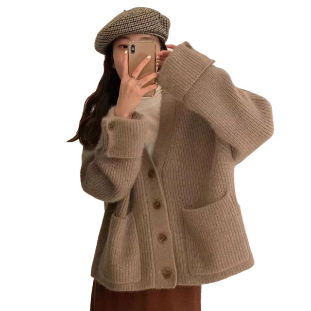 Suéter con frente abierto, botones, ajuste holgado, suave, cálido, informal, prendas de vestir de punto para mujer con bolsillos para viajes, desplazamientos, color caqui L