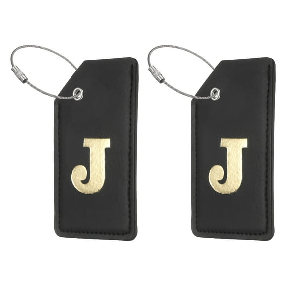 Uxcell Initial Luggage Tag, 2 Pcs PU Leather Letter Suitcase Tags with Steel Loop for Travel Bag Luggage Baggage Identification Labels Name ID Card, Black-Gold (Letter J)