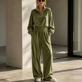 thumbnail image 2 of Szluipve 2 Piece Sets for Women Velour 2 Piece Tracksuit Half Zip Stand Collar Long Sleeve Top Elastic Waist Wide Leg Pants Casual Velvet Loungewear Outfit Army Green M, 2 of 8