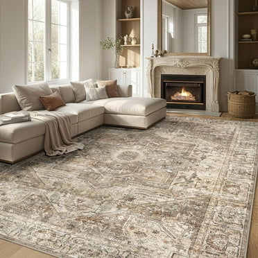 BERTHMEER 6'x9' Vintage Area Rugs for Living Room Bedroom Dining Room Washable Rugs Non-slip, Gold Brown