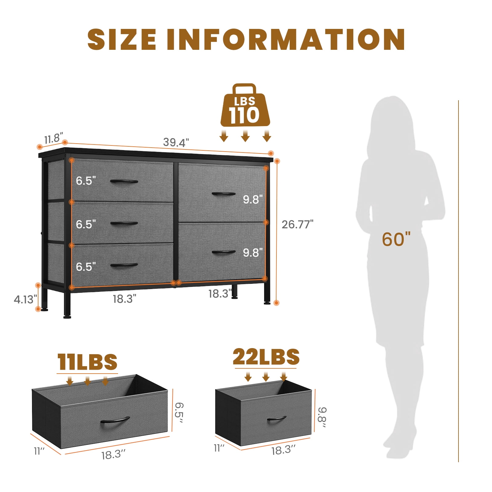 CONCETTA Dresser Storage with 5 Drawers,Storage Organizer for Closet, Suitable for Home and Office Use, Gray