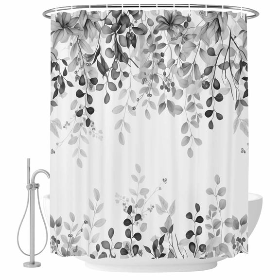 Grey Shower Curtain Set - 72" x 78" Washable Bathtub Curtain with 12 Hooks, Eucalyptus Leaves Waterproof Fabric Stall Shower Curtains for Bathroom/Bathtub Décor