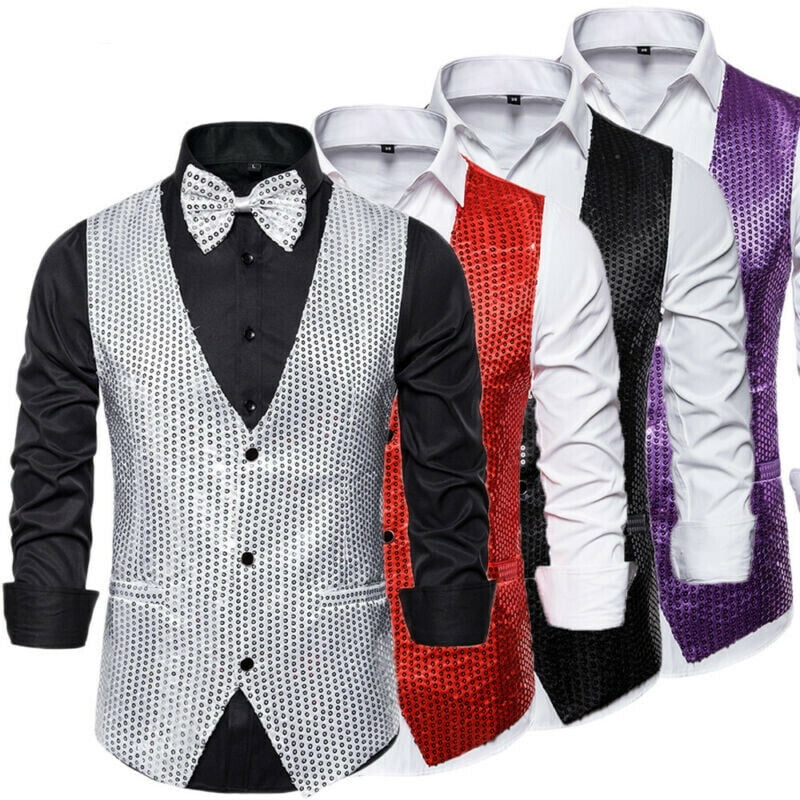 Fashion Gentlemen Men Blazer Vest Slim Waistcoats Jacket Sequin Party