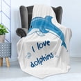 thumbnail image 4 of Dolphin Soft Flannel Fleece Throw Blanket, Cartoon Style Ocean Animal with I Love Dolphins Words and Water Splashes Image, Cozy Plush for Indoor and Outdoor Use, 60" x 80", Blue White, by Ambesonne, 4 of 5