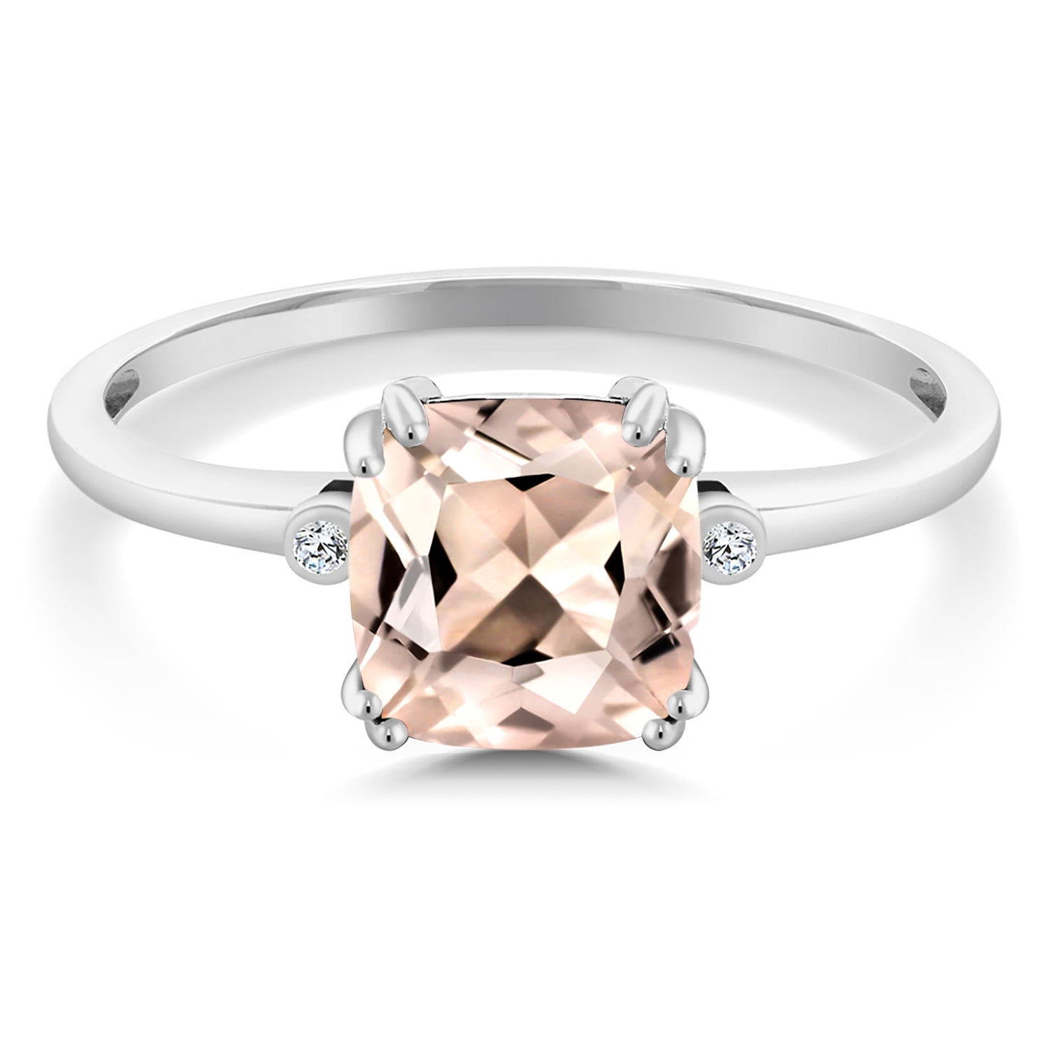 Gem Stone King 1.89 Ct Cushion Peach Morganite White Diamond 10K White Gold Ring