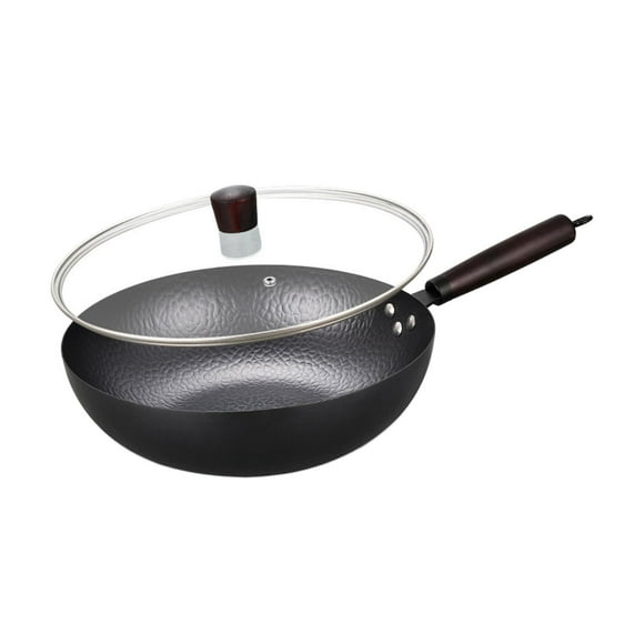 Wok Pan Nonstick Wok Cookware Durable Uncoated Induction Cooker Manual Forging Iron Pan Gas Stir Fry Pan Flat Bottom Wok for Boiling Honeycomb with lid