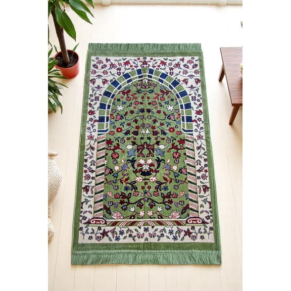 Ihvan Online Velvet Muslim Prayer Rug Thick Design Islamic Gift Green Indoor