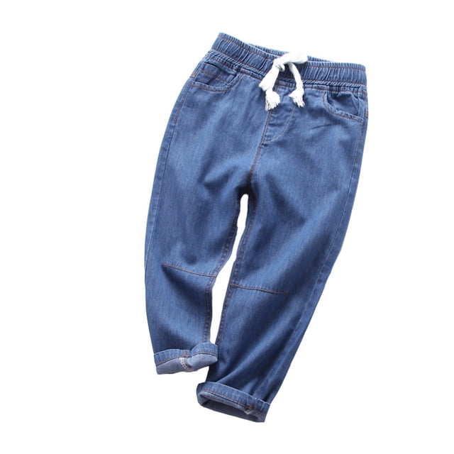 HAJGJP Kids Boys Denim Jeans Pants Tapered Leg Solid Color Casual Trousers Slim Fit Cargo Joggers Boys Spring Fashion 2024 Pants Dark Blue,4-5 Years