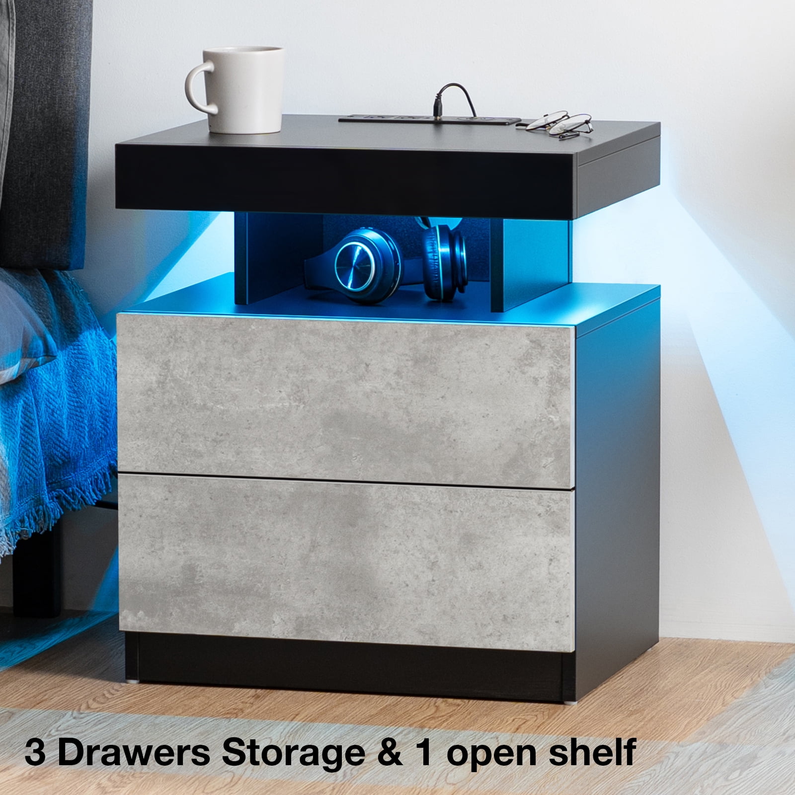 Hommpa Modern Nightstand Set of 2 LED Nightstand with 15W Wireless Charging Type C USB Port 2 Drawers Bedside Table Storage High Gloss Night Table Gray End Side Table for Bedroom Furniture 22.3" Tall