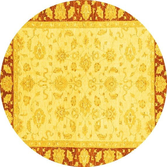 Ahgly Company Machine Washable Indoor Round Oriental Yellow Traditional Area Rugs, 8' Round