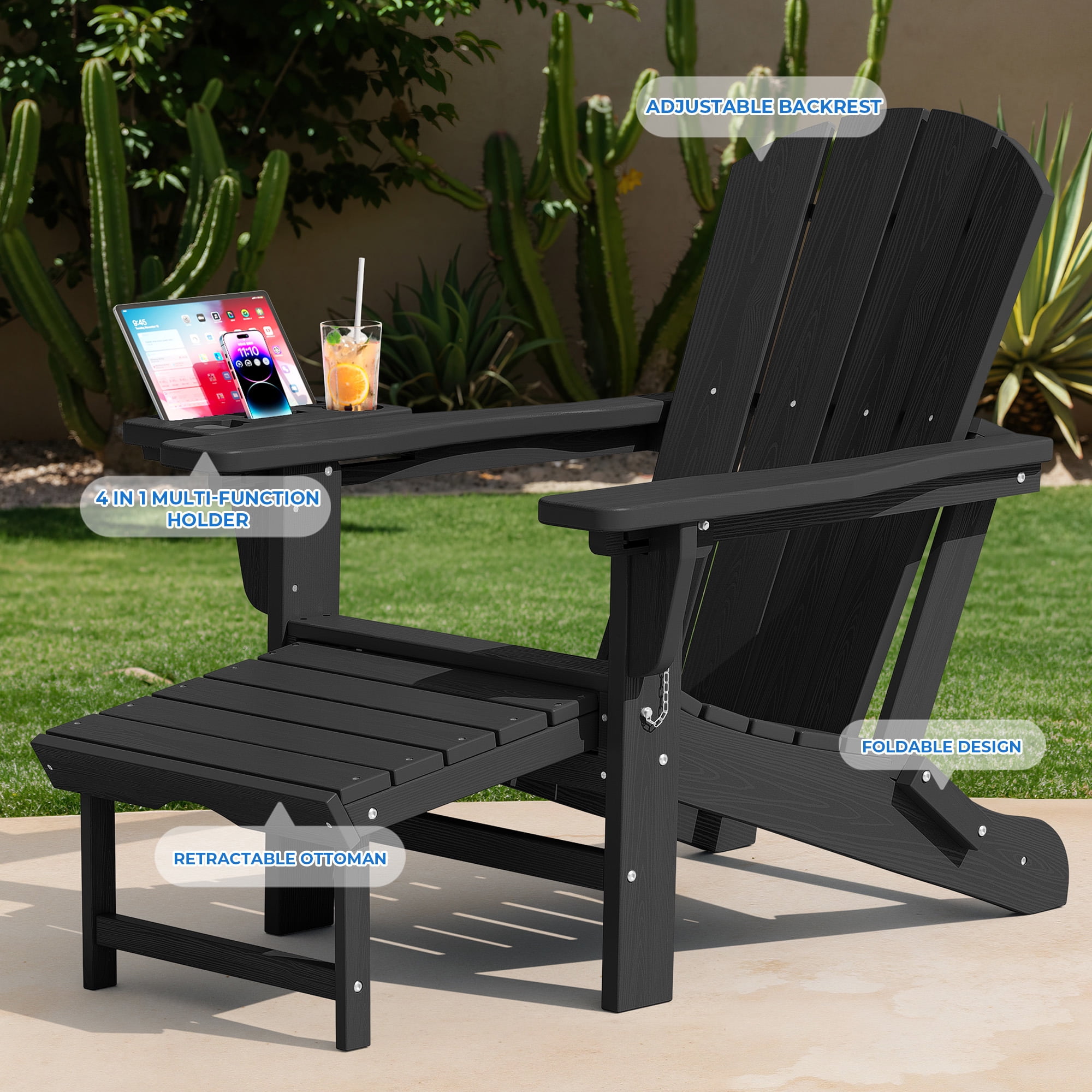 KINGYES Folding Adirondack Chair set of 2, Adjustable Backrest with Pull-Out Footrest & 4-in-1 Mobile Phone, Tablet, Cup Holder Tray, HDPE Plastic Adirondack Chair for Patio Garden Outdoors Fire Pit