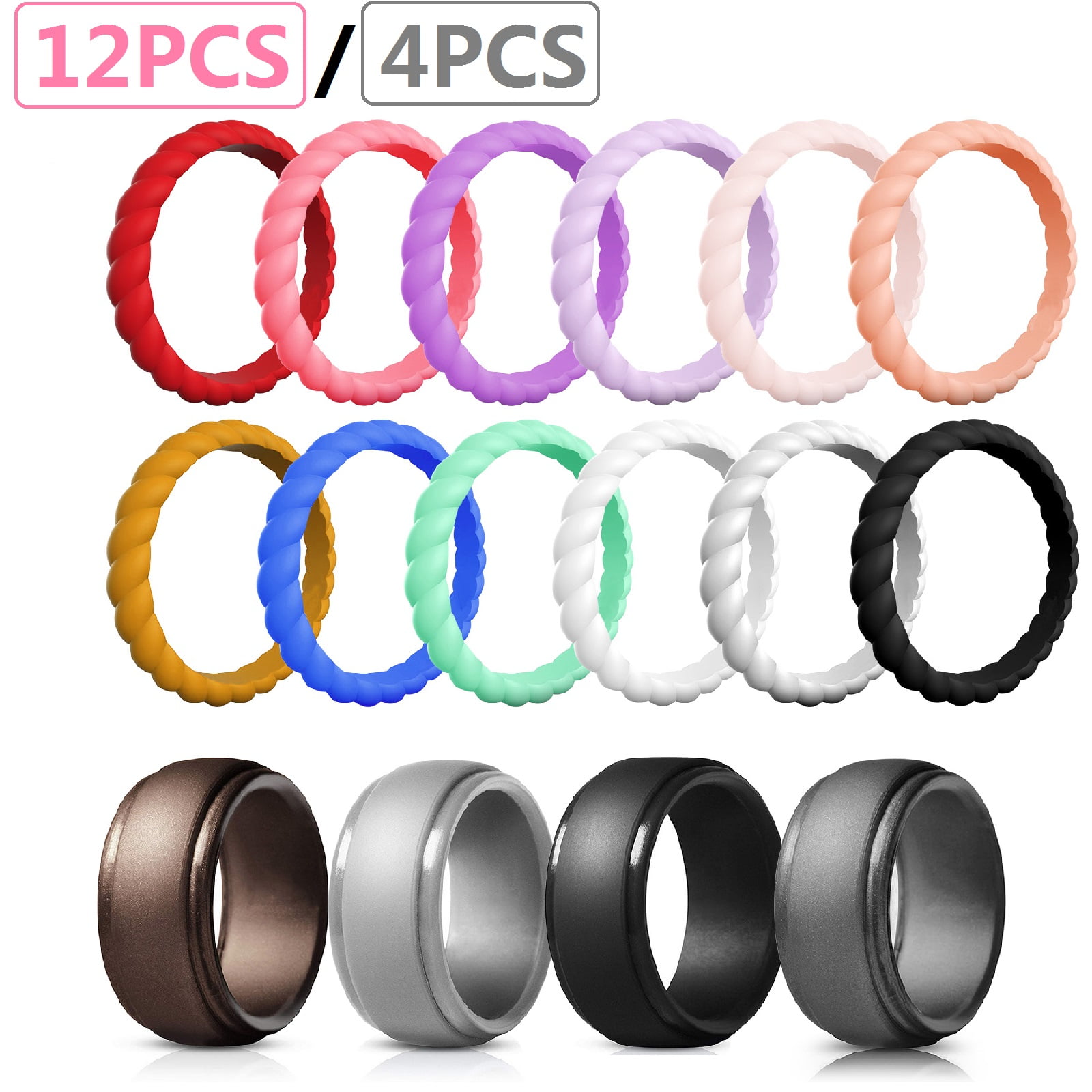 TSV TSV 12/4Pcs Silicone Wedding Rings for Women/Men, Stackable