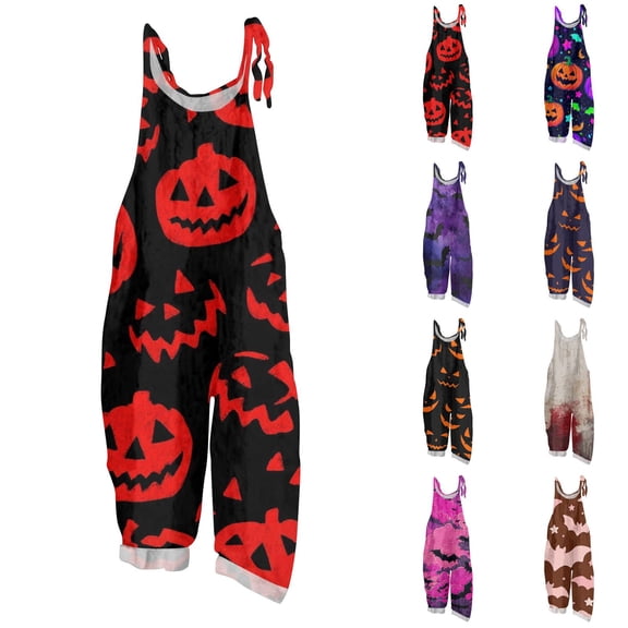 Halloween Pumpkin Print Jumpsuit for Women, Cute Fall Wide Leg Sleeveless Romper, Fashion Halloween Costumes Navy XL