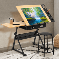Magshion Drafting Table Art Desk Drawing Table with Stool, Height Adjustable Artist Table Work Station with Tilted Tabletop and Drawer, Natural