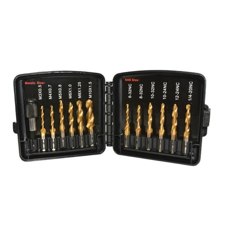 

Metric SAE Thread Tap drill bit Set Compound Tap Deburr Countersink Bit Steel Combination Drill Tap for drill Deburring Countersinking 13Pcs SAE Aureate