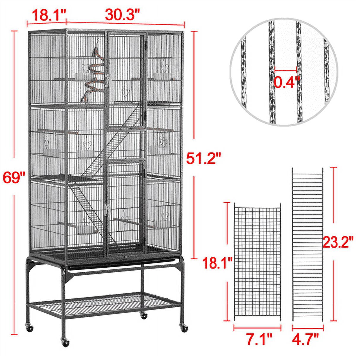 Easyfashion 69" H Extra Large Rolling Bird Cage with Detachable Stand, Black