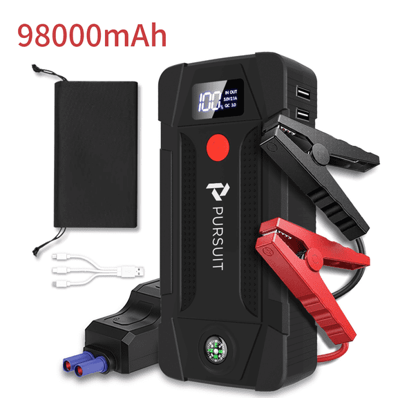 Pursuit 94000mAh Car Jump Starter for Travel, Compact 12V Lithium Battery Booster Jump pack with 3 Modes Flashlight for 6.0L Gas and 3.0L Diesel Engines, Ultrasafe Jump Box Power Bank