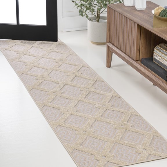 JONATHAN Y SOUTH BEACH 2 x 10 Runner Rug, Duwun Pile Ogee Trellis Tone-on-Tone - Beige/Gray, SBH108A-210